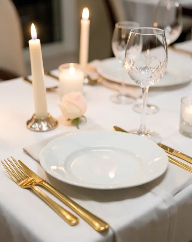 Elegant wedding place setting with white china, gold flatware, crystal glass, rosebud, and taper candle