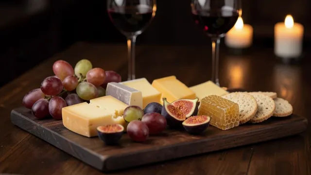 Elegant wine and cheese board with assorted cheeses, grapes, figs, honeycomb, and wine glasses