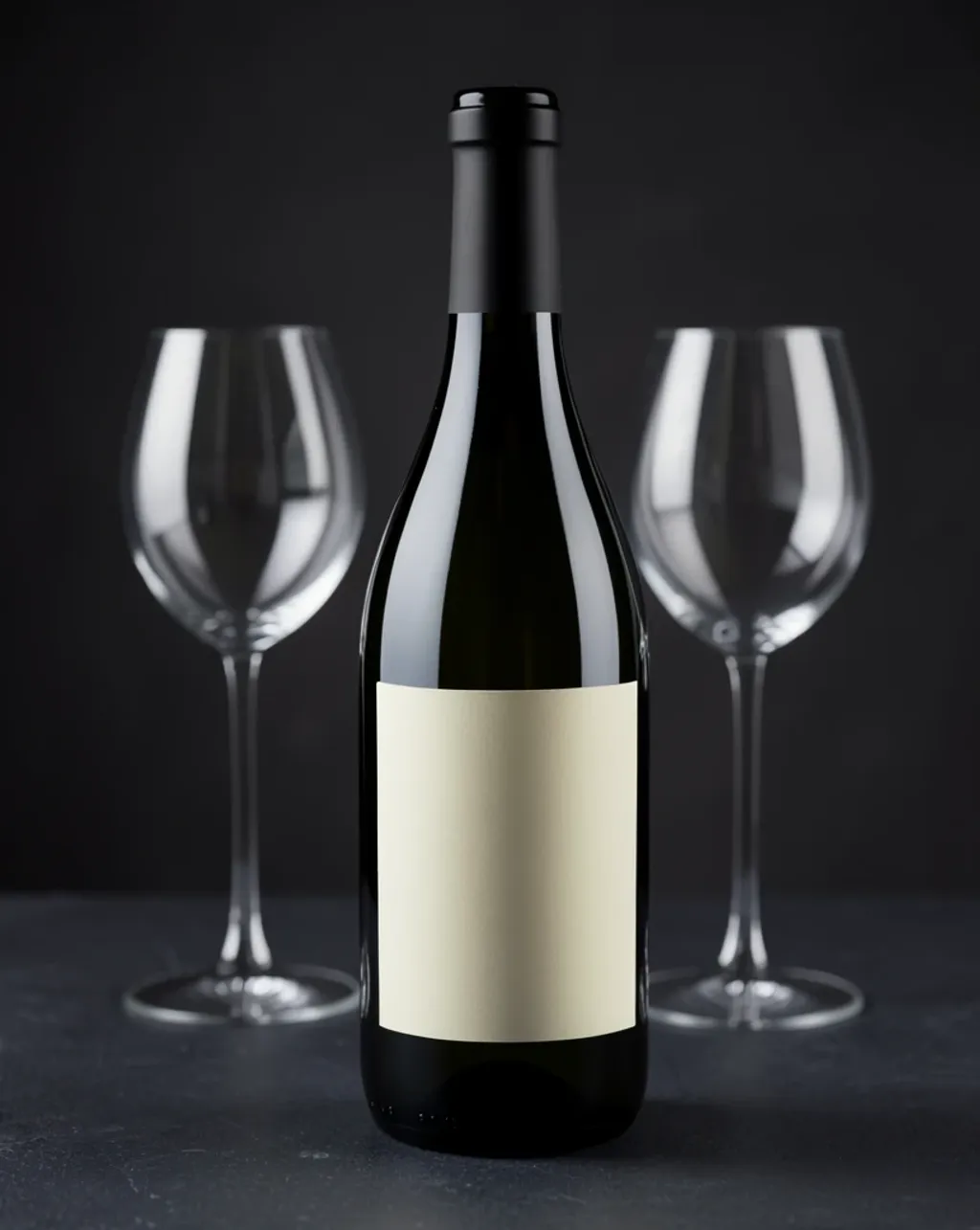 Elegant dark green wine bottle with blank label on slate, soft side light, and two empty glasses