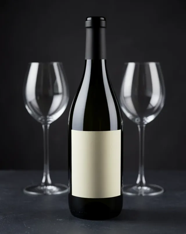 Elegant dark green wine bottle with blank label on slate, soft side light, and two empty glasses