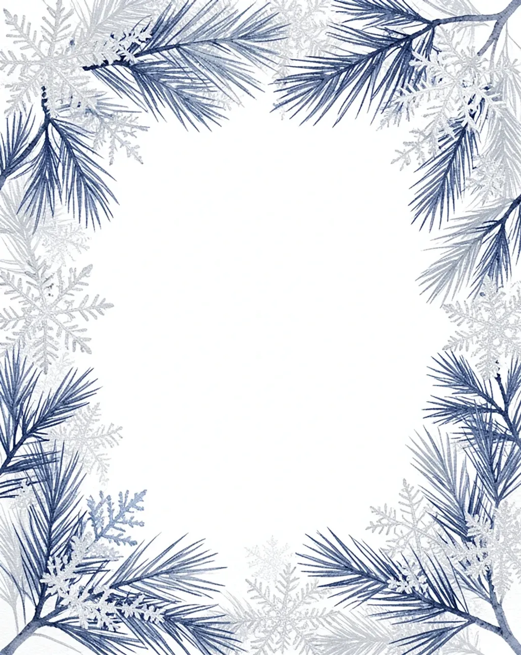 Soft watercolor pine branches and silver snowflakes around a blank white center in navy and silver