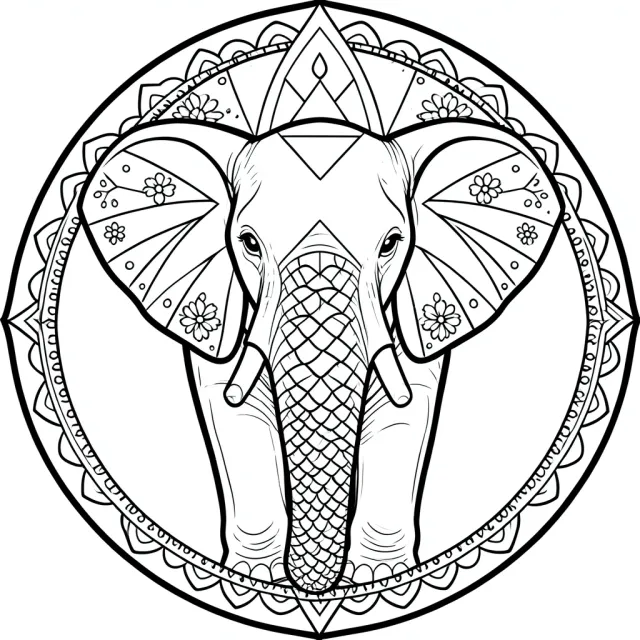 Elephant mandala adult coloring page with geometric ear sections, scale-pattern trunk and circular border