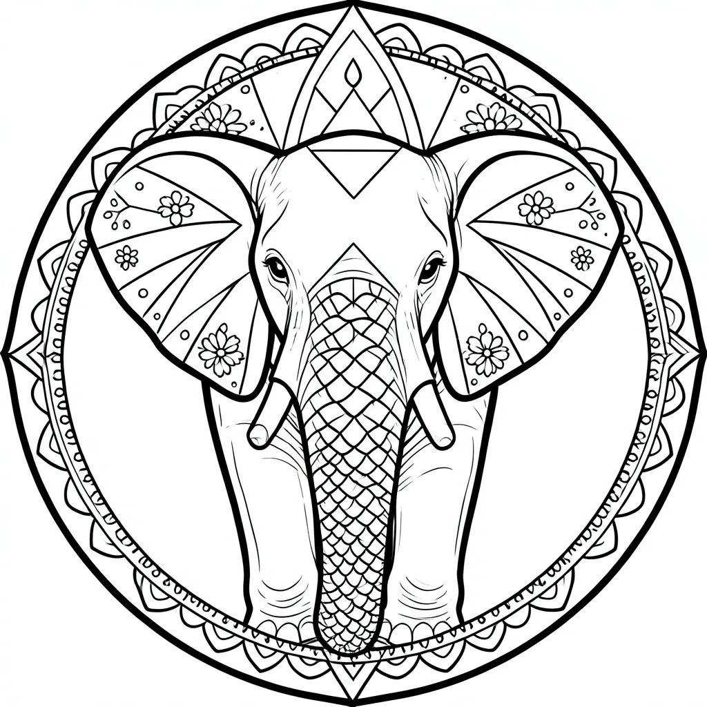 Elephant mandala adult coloring page with geometric ear sections, scale-pattern trunk and circular border