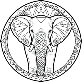 Elephant mandala adult coloring page with geometric ear sections, scale-pattern trunk and circular border
