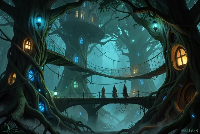 An elven city grown into giant glowing trees at evening