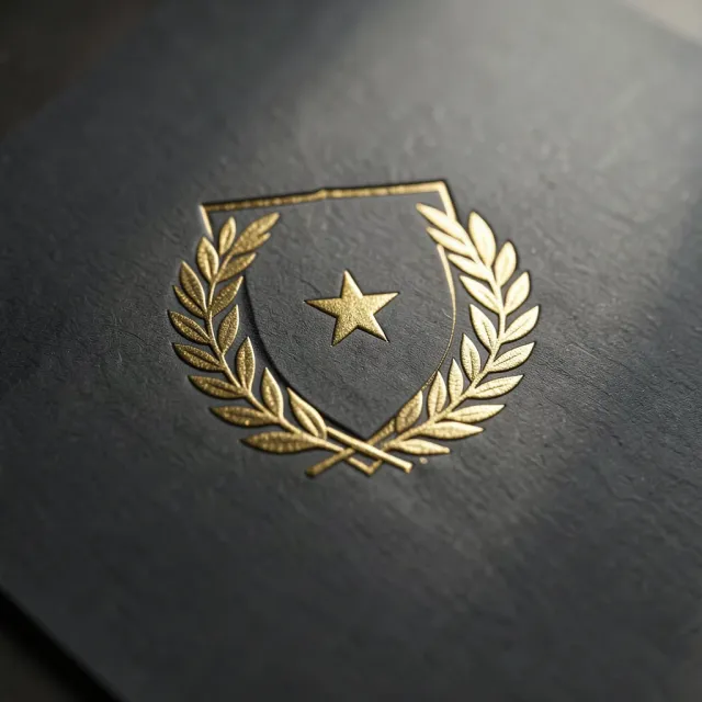 An embossed gold-foil crest logo on dark paper — AI-generated example render