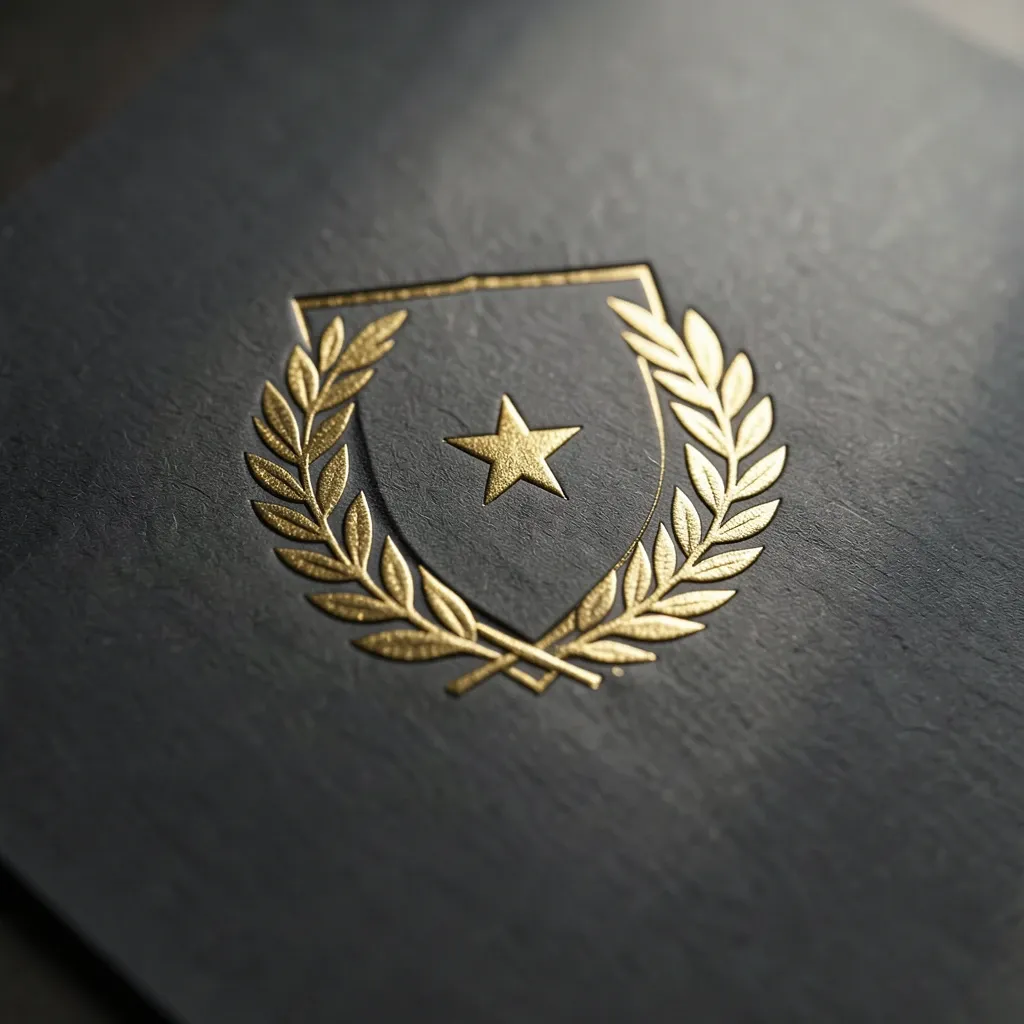 An embossed gold-foil crest logo on dark paper — AI-generated example render