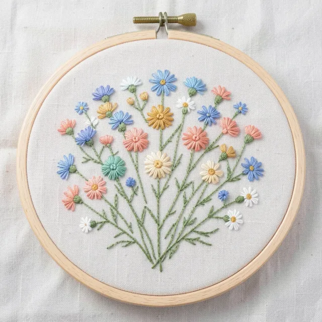 Embroidery hoop with a wildflower spray in blue, ochre and coral floss on taut natural linen