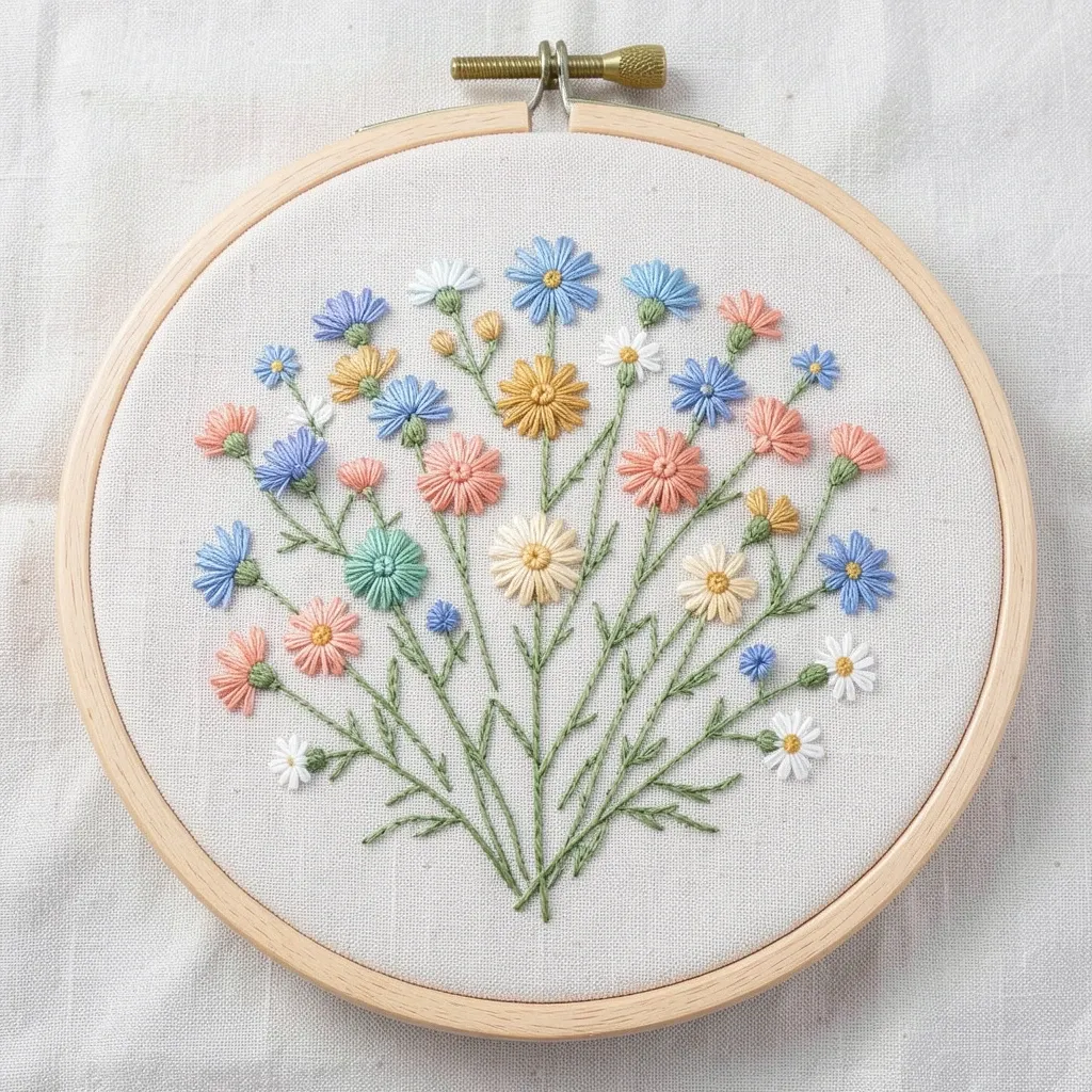 Embroidery hoop with a wildflower spray in blue, ochre and coral floss on taut natural linen