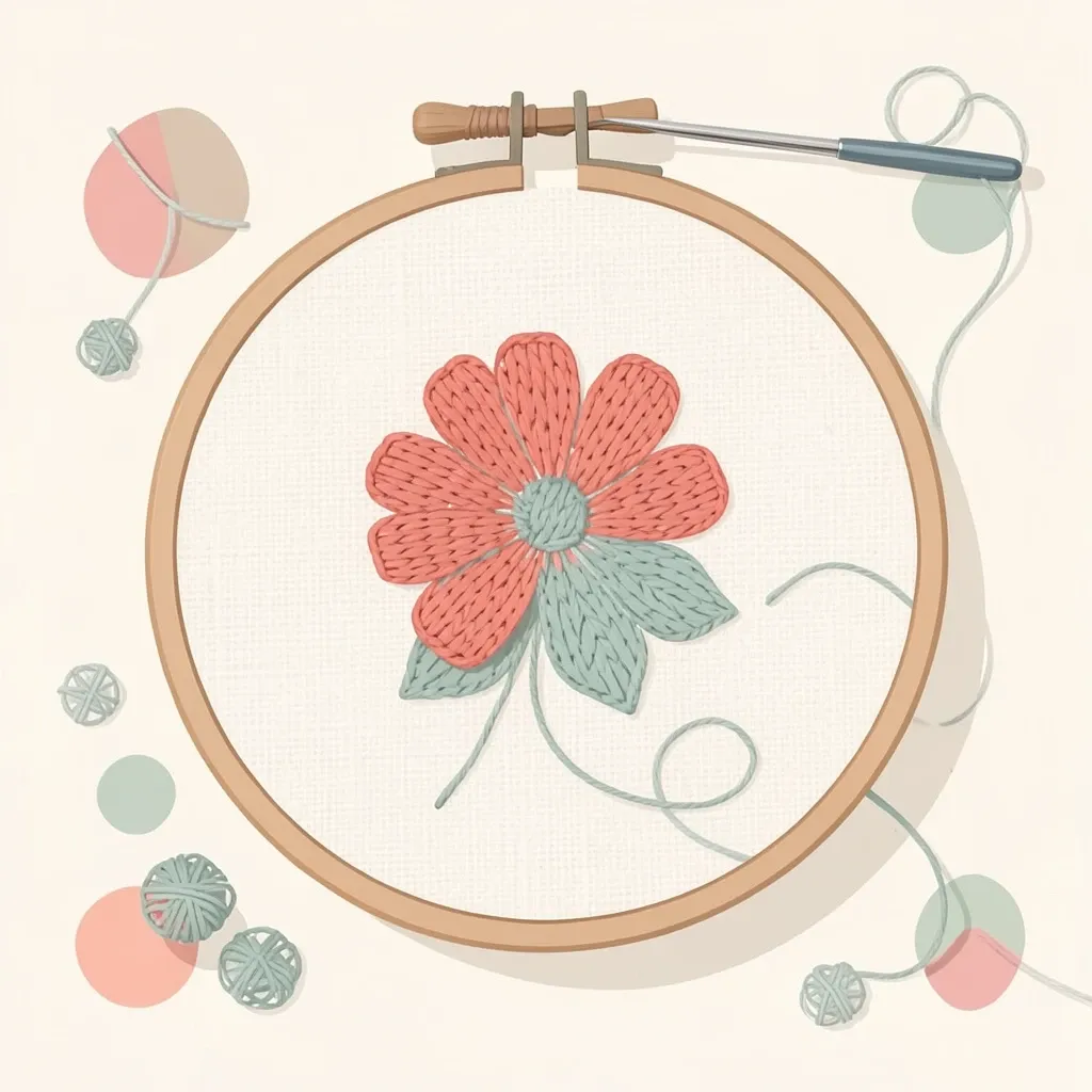 Flat illustration of an embroidery hoop with a half-finished satin-stitch flower