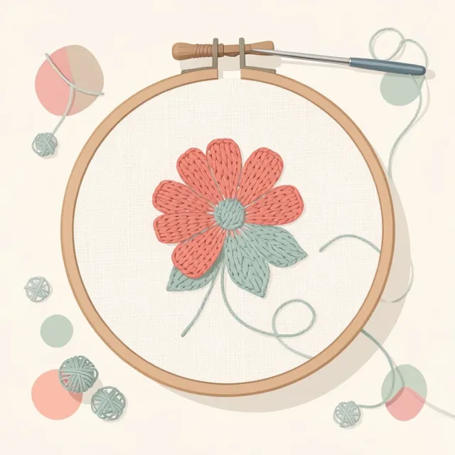 Flat illustration of an embroidery hoop with a half-finished satin-stitch flower