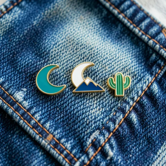 Three gold-bordered enamel pins of a moon, mountains and cactus on a worn denim jacket
