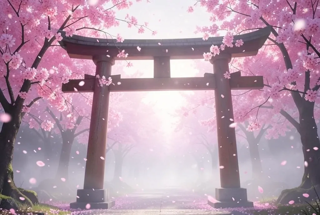 Traditional Japanese torii gate surrounded by pink cherry blossoms with soft petals falling