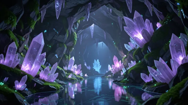 Underground crystal cave with glowing amethyst and quartz crystals, bioluminescent moss, and reflective pool