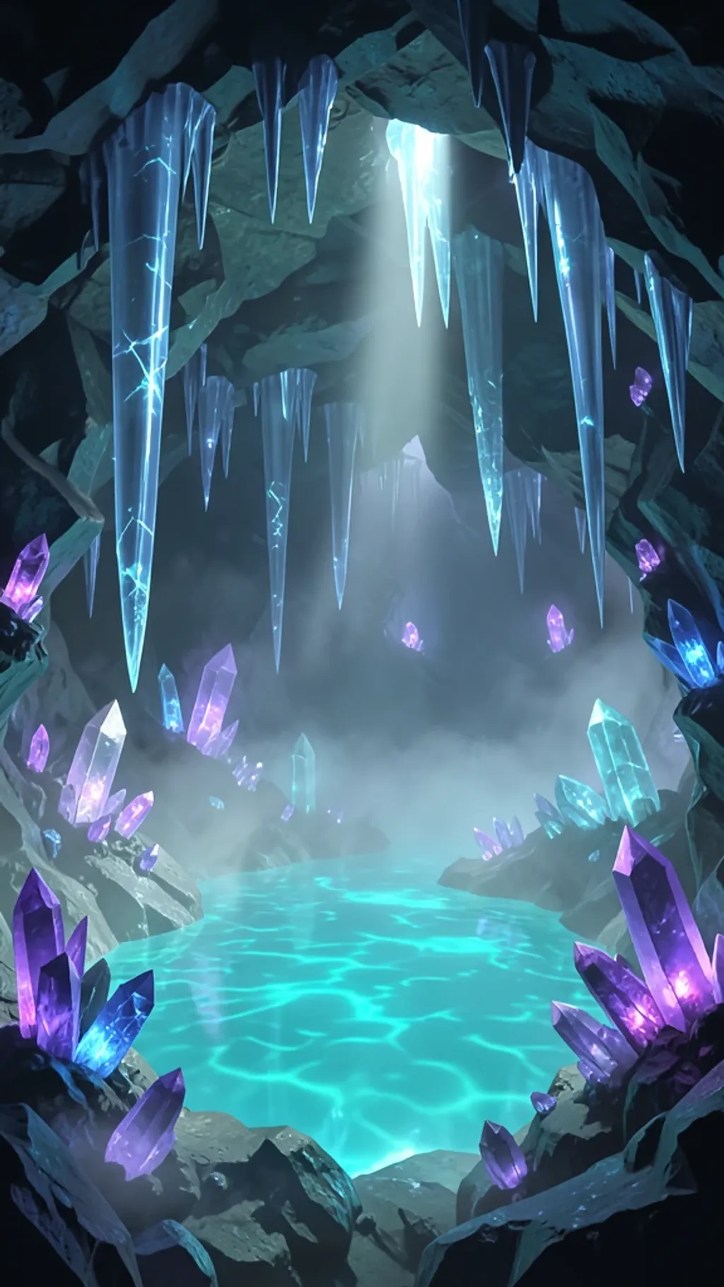 Enchanted crystal cave with a glowing turquoise pool and amethyst quartz formations