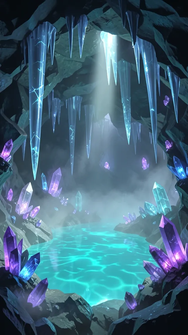 Enchanted crystal cave with a glowing turquoise pool and amethyst quartz formations