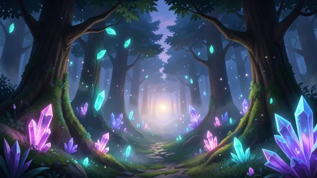 Twilight fantasy forest of towering trees with glowing crystal leaves and a path winding into mist