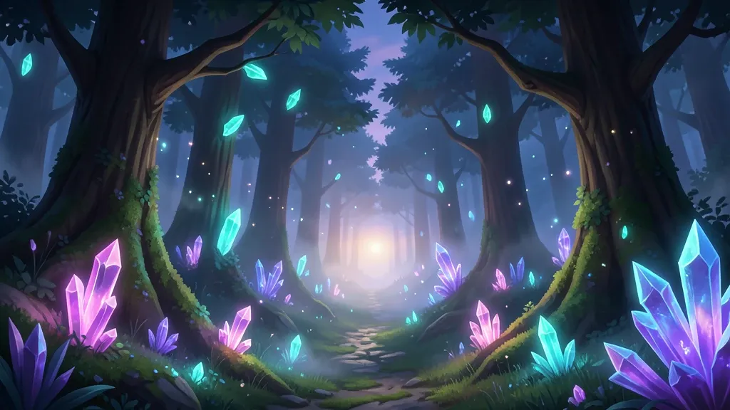 Twilight fantasy forest of towering trees with glowing crystal leaves and a path winding into mist