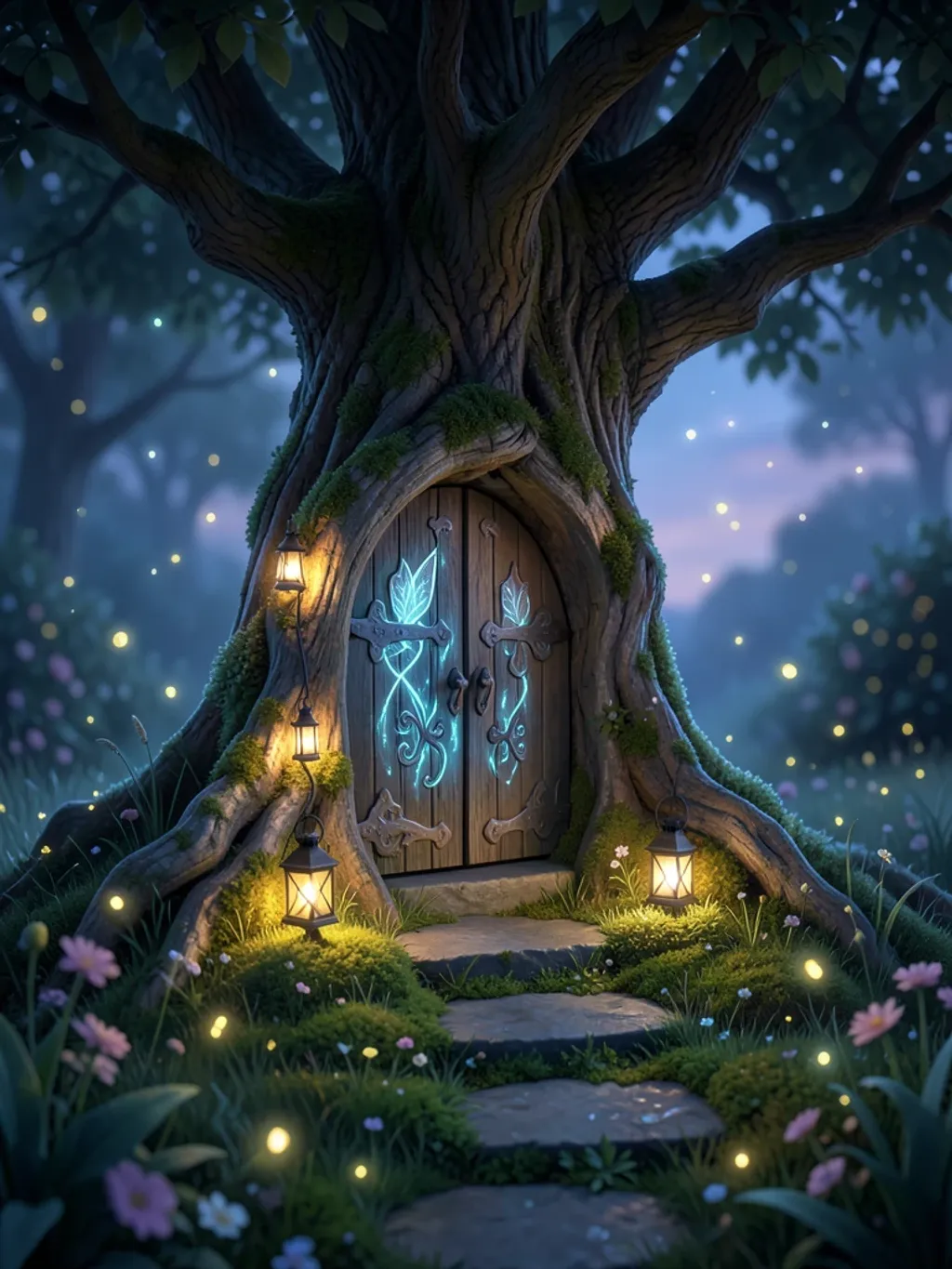 Enchanted fairy door in an old tree with tiny glowing lanterns along a mossy path