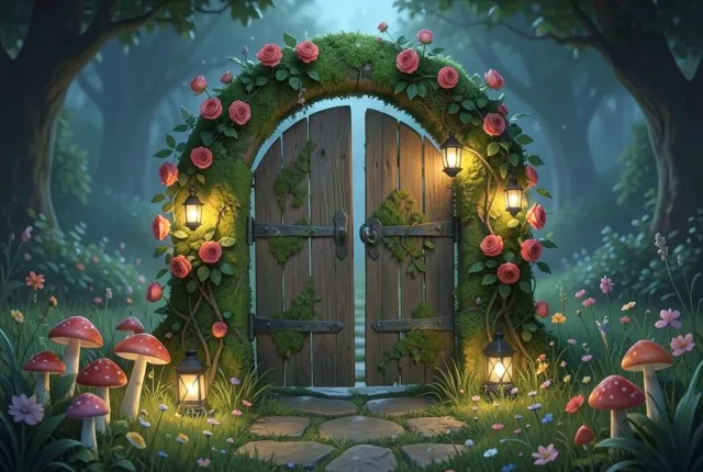 Enchanted small arched garden gate covered in moss and roses with glowing lanterns and mushrooms