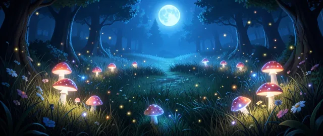 Circle of glowing mushrooms in a moonlit forest clearing with fireflies, tall grass, and wildflowers