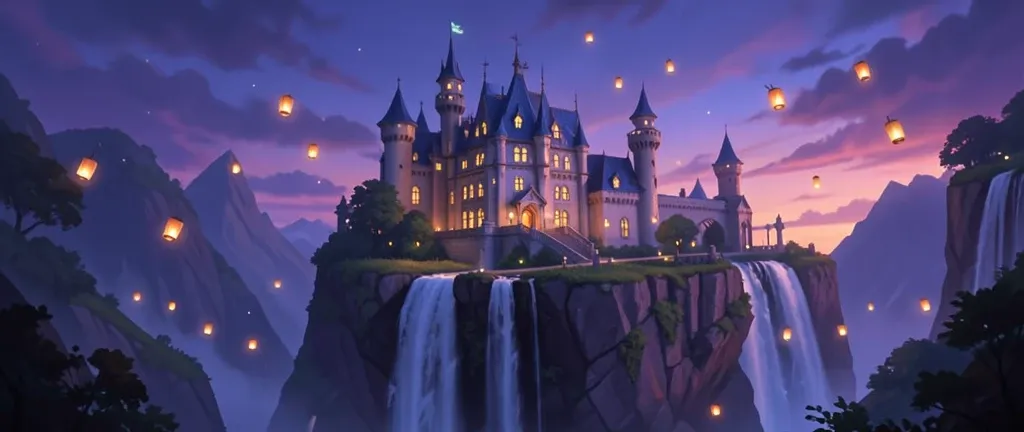 Grand fairy tale castle on a cliff with glowing windows, waterfall, and floating lanterns at twilight