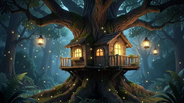 Tiny whimsical fairy treehouse in an old oak tree with glowing windows, lanterns, and fireflies