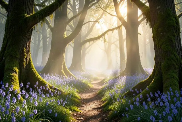 Enchanted forest path at dawn with mossy ancient trees, golden sunbeams, mist, and bluebells