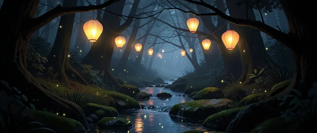Narrow forest stream with glowing paper lanterns hanging from branches and fireflies above mossy stones