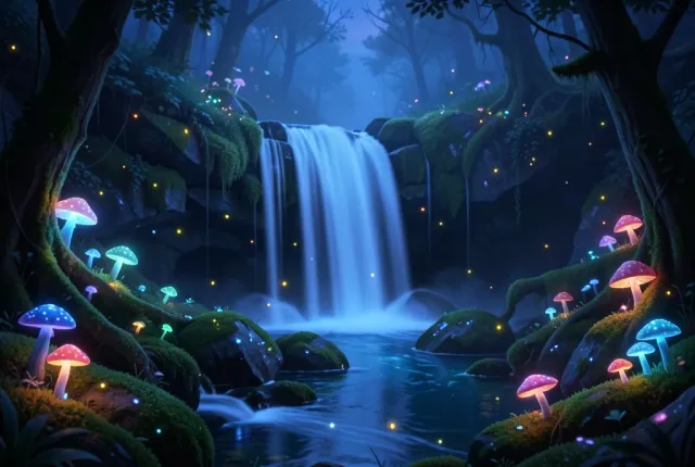 Enchanted forest waterfall at twilight with glowing mushrooms, silky water, and fireflies