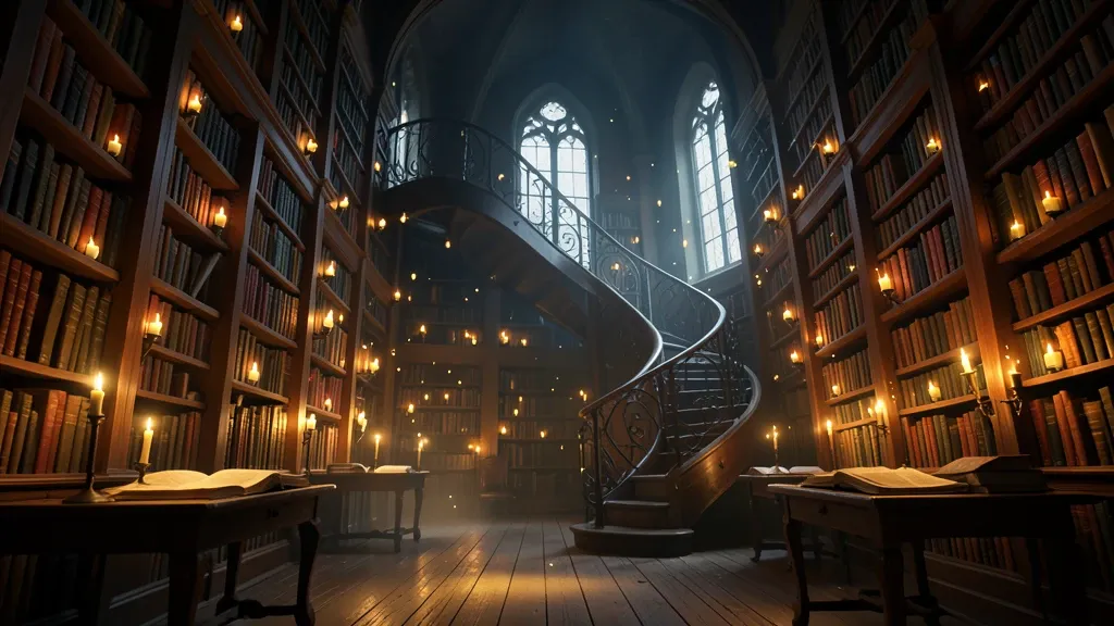 Grand fantasy library with towering bookshelves, floating candles, a spiral staircase and golden light