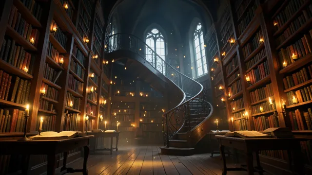 Grand fantasy library with towering bookshelves, floating candles, a spiral staircase and golden light