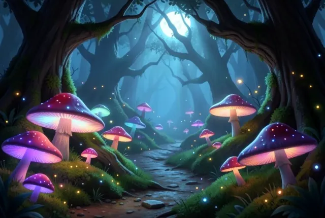 Enchanted forest path winding past giant glowing mushrooms, fireflies, and moss under moonlight