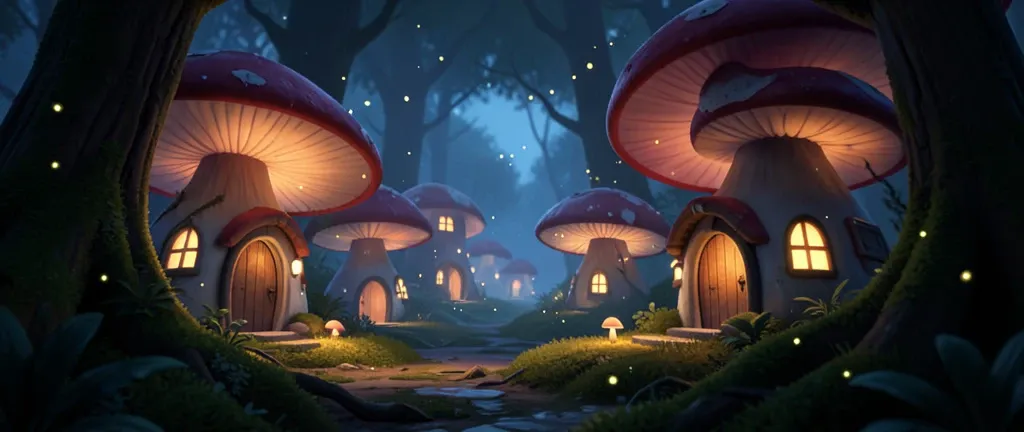 Tiny village of oversized mushroom houses with glowing windows nestled in a mossy forest at dusk