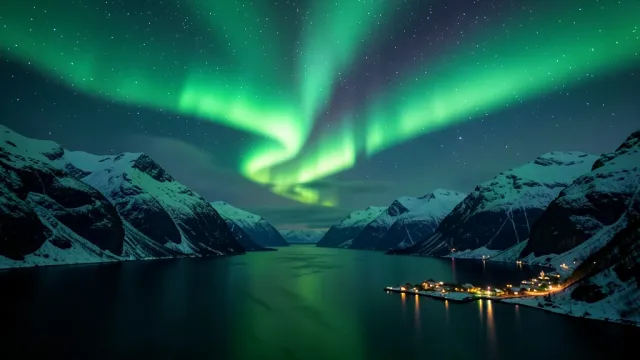 Vibrant green aurora dancing above a dark fjord with snow-covered mountains and a tiny village