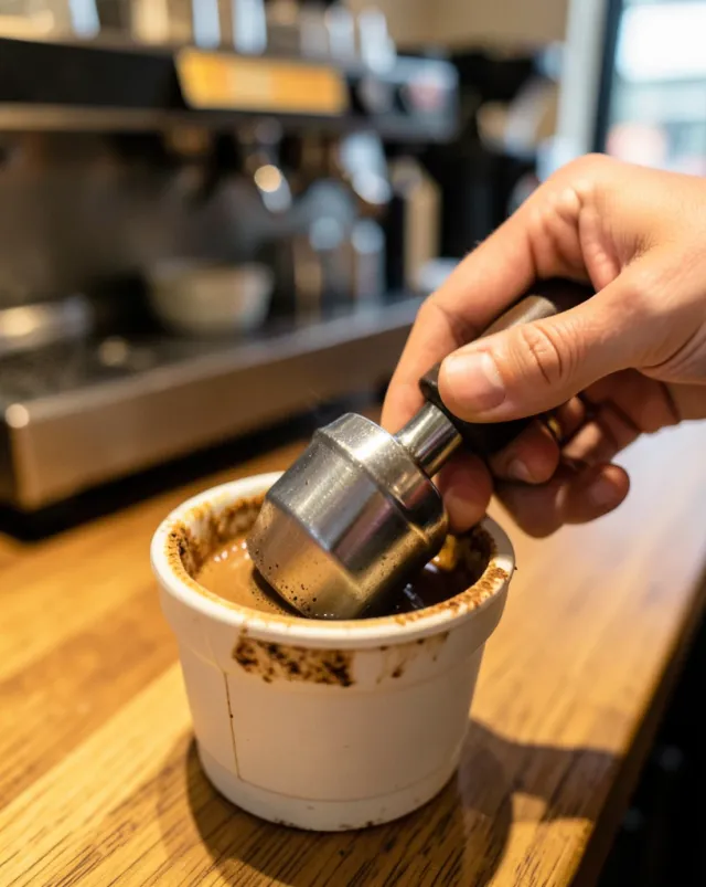 A barista pressing a steel tamper onto ground espresso in a portafilter