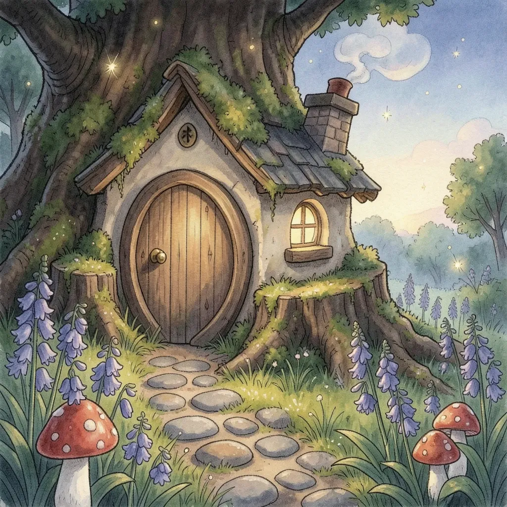 A storybook fairy cottage in a mossy tree stump at twilight