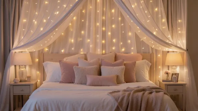 Romantic bedroom with a canopy of warm fairy lights draped over sheer white curtains