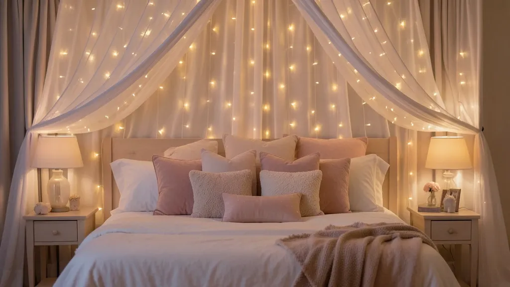 Romantic bedroom with a canopy of warm fairy lights draped over sheer white curtains