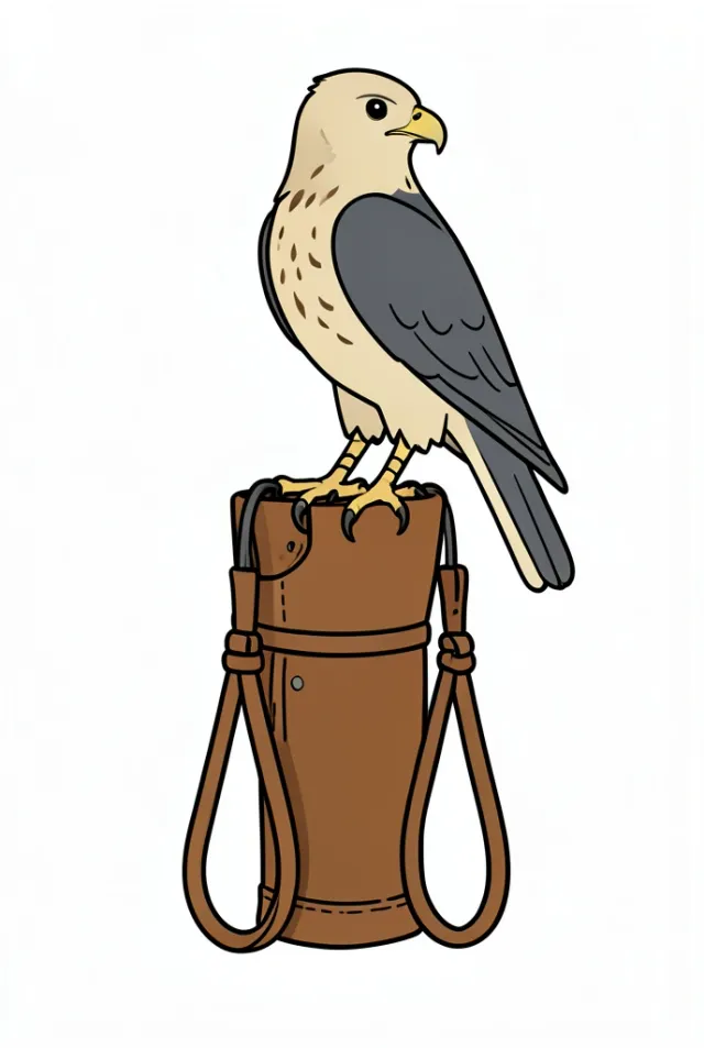 A flat illustration of a hooded hawk perched on a falconer's leather gauntlet with jesses.