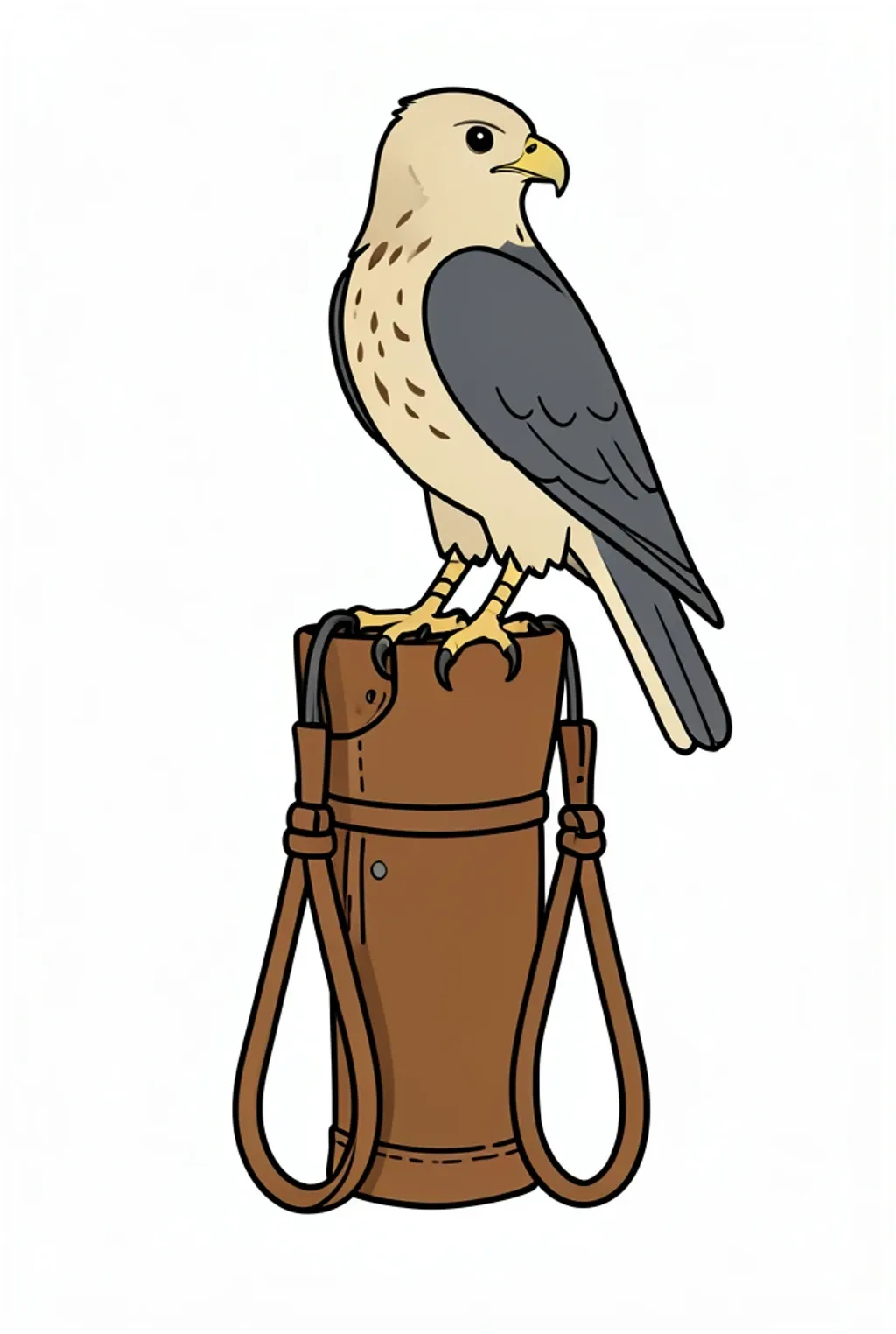 A flat illustration of a hooded hawk perched on a falconer's leather gauntlet with jesses.