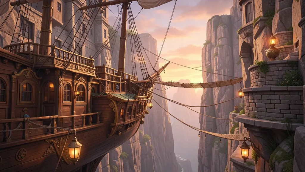 Fantasy steampunk airship docked at a cliff city with rope bridges and glowing lanterns at sunset