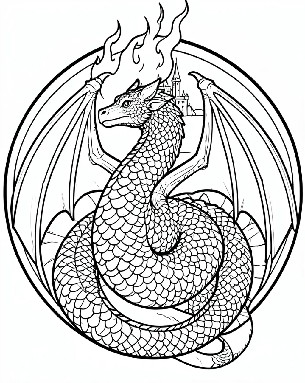 Fantasy dragon adult coloring page with coiled body, segmented wings, detailed scales and castle background