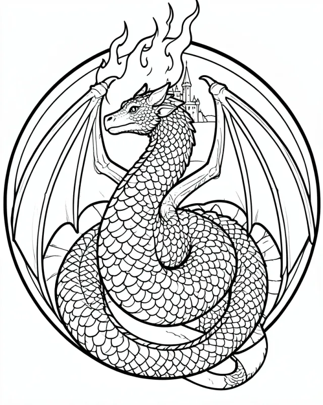 Fantasy dragon adult coloring page with coiled body, segmented wings, detailed scales and castle background