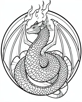 Fantasy dragon adult coloring page with coiled body, segmented wings, detailed scales and castle background