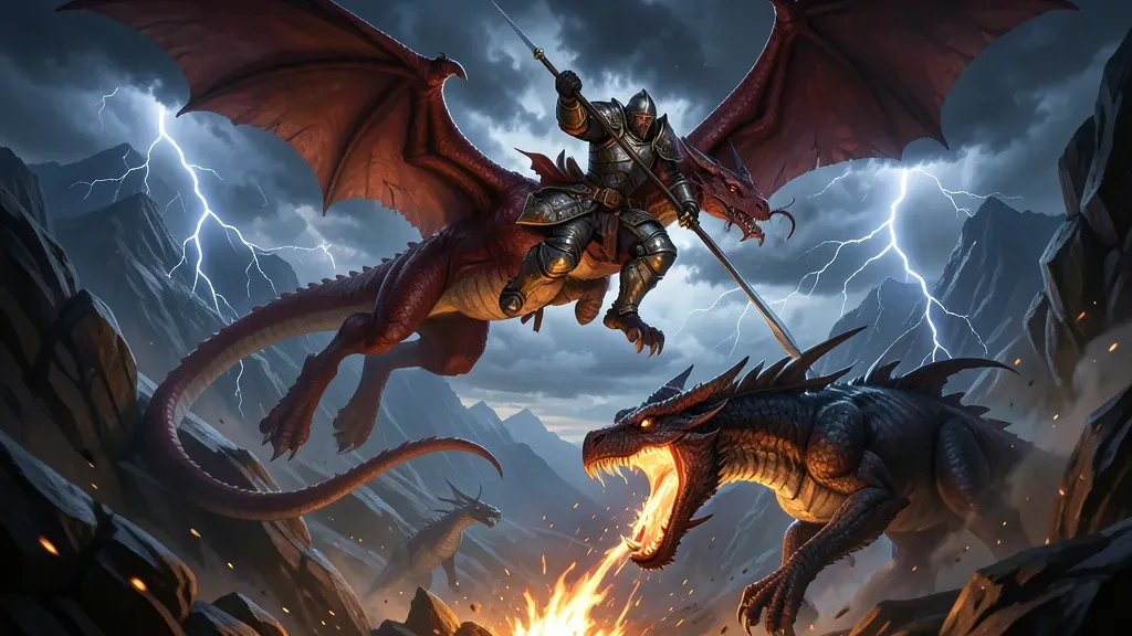 Fantasy dragon rider battle with armored knight and fire-breathing dragon