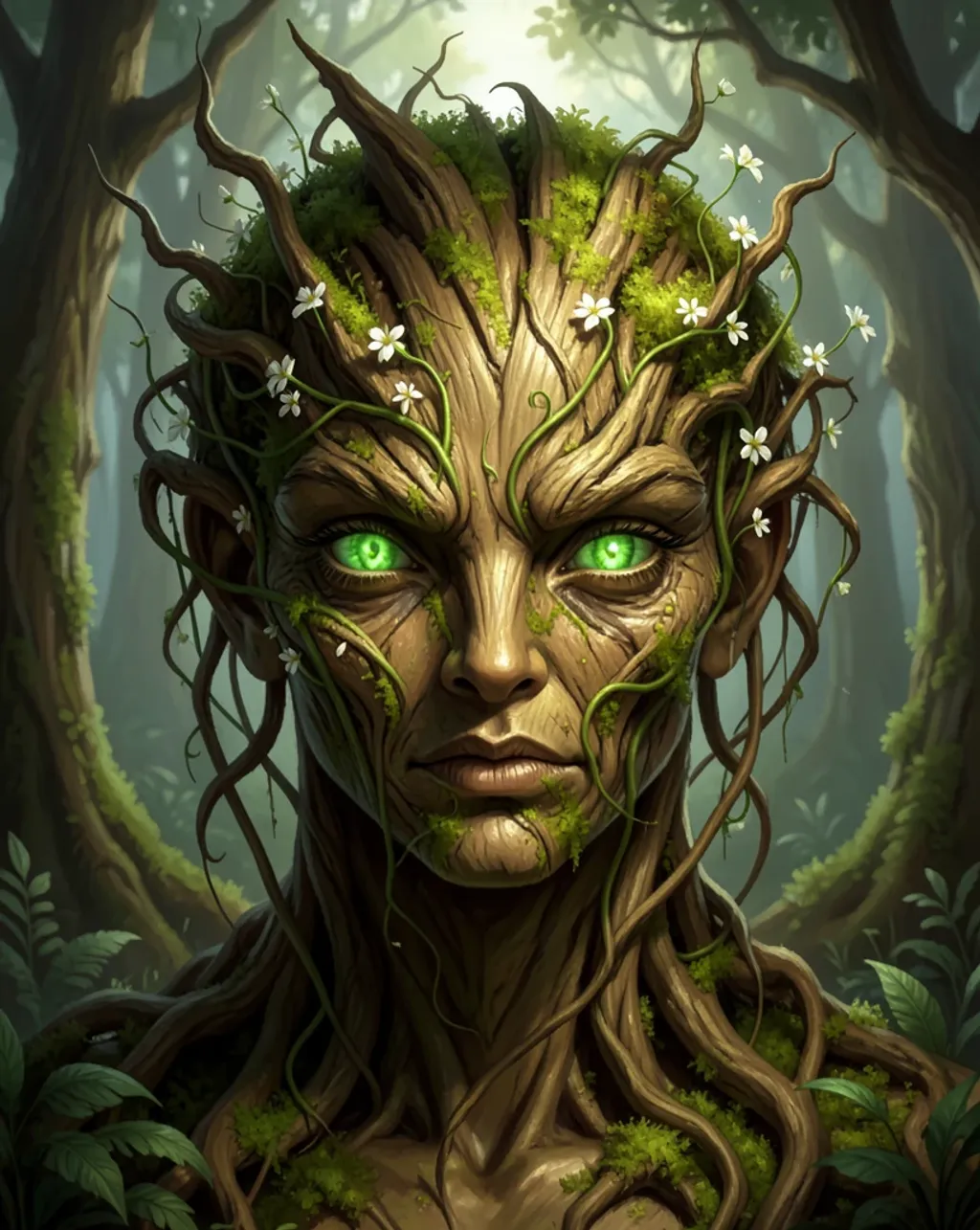 Fantasy forest spirit portrait with glowing eyes and moss-covered skin