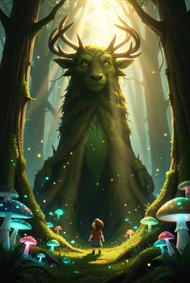 A moss-covered forest spirit with glowing mushrooms