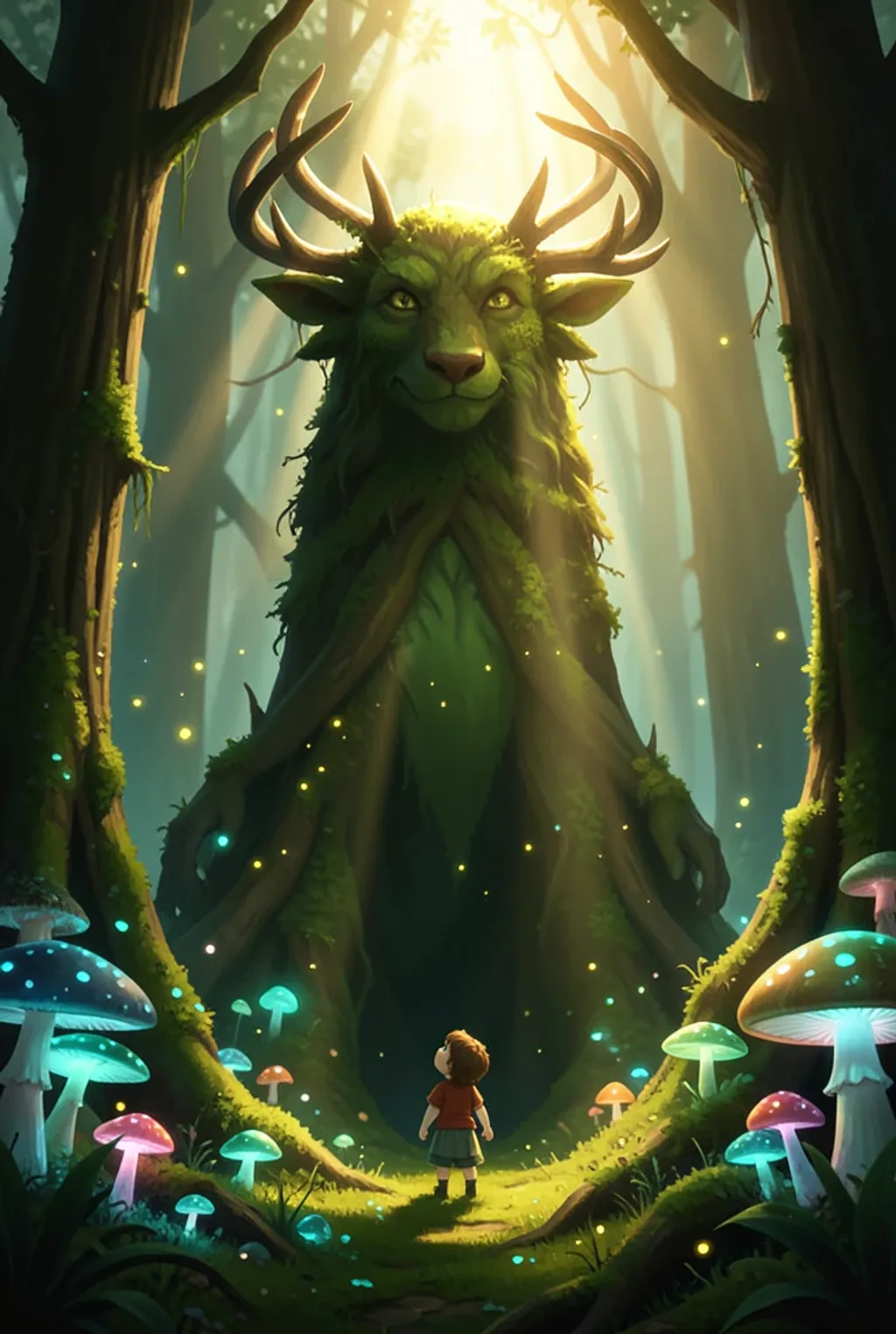 A moss-covered forest spirit with glowing mushrooms