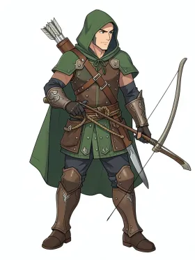 Fantasy ranger archer character with hooded green cloak and longbow in forest green and brown